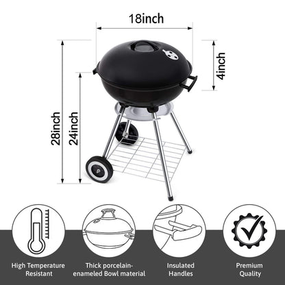 18 Inch Portable Charcoal Grill with Wheels for Outdoor Cooking